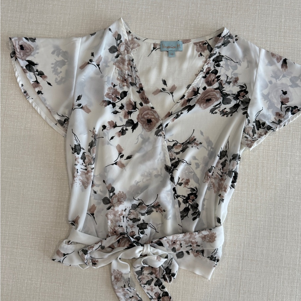 Veronica M Floral Wrap Top - Cream and Brown